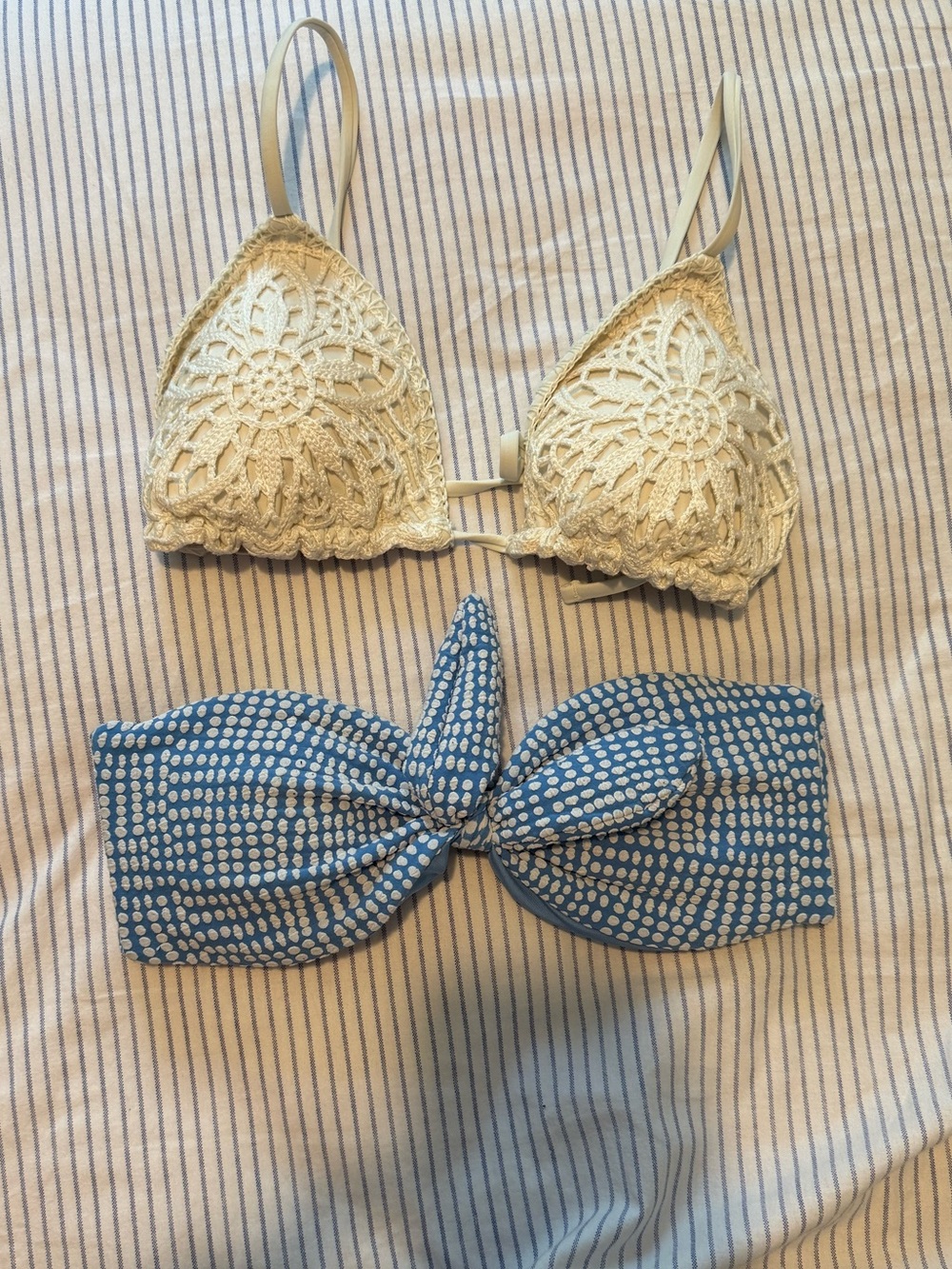 aerie Crochet Triangle Bikini Top & Blue Dot Bandeau Set - Cream & Blue